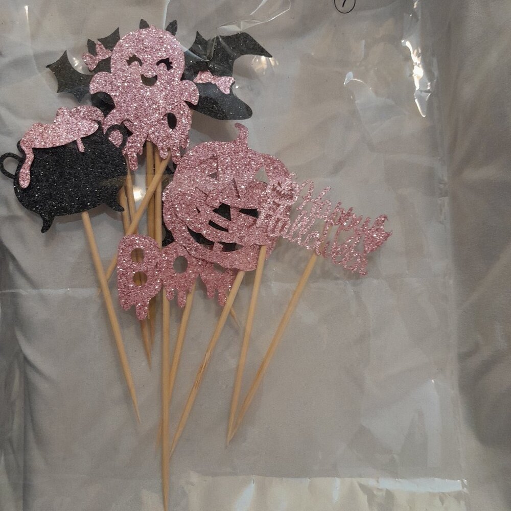 Pink and Black Glitter Halloween Cupcake Toppers 13 Count